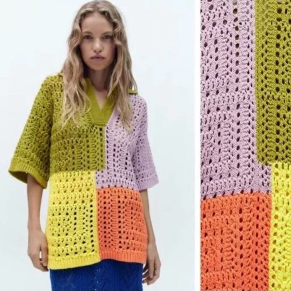 ZARA Sweater S Oversized Knit Polo Colorblock Crochet M NWOT